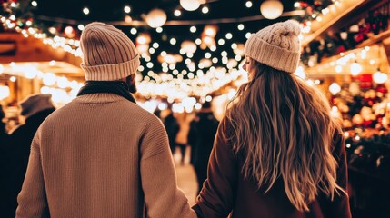 Romantic couple holding hands at festive winter market with glowing bokeh lights