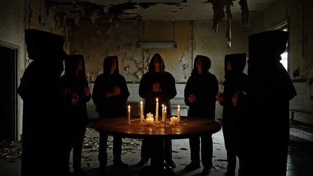 Mysterious figures in hooded cloaks gathered around a candlelit table