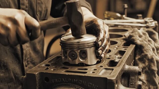 Mechanic installing piston into engine block with hammer. Automotive repair, engine assembly, maintenance, and industrial workshop work.