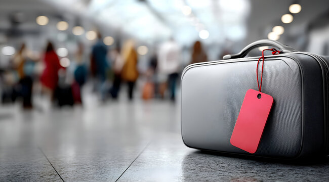 A close-up of a gray suitcase with a red luggage tag resting on the airport floor amid travelers in motion.