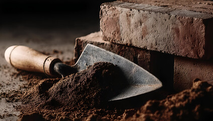 A close-up of a shovel resting on soil next to bricks, perfect for construction, landscaping, and gardening themes.