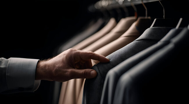 A close-up of a hand selecting from a row of stylish, neatly arranged suits on hangers, embodying fashion choice and elegance.