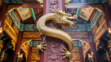 Ornate Temple Column Wrapped with Golden Dragon in Chinese New Year Cultural Splendor