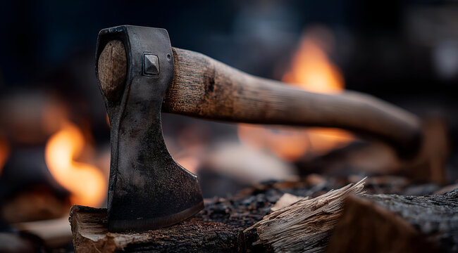 A close-up view of a rustic axe resting on chopped wood beside a warm, flickering campfire.
