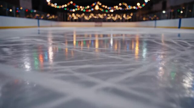 Empty ice skating rink surface with scratch marks and bokeh lights