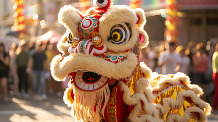 Vibrant Lion Dance Costume in Public Celebration for Chinese New Year Festivities