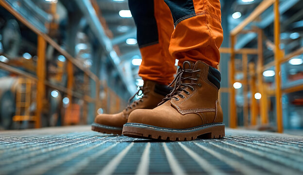 A close-up of rugged work boots worn in a vibrant industrial setting, symbolizing strength and durability in the workplace.