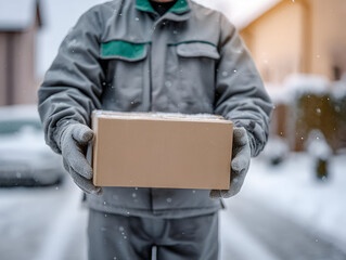 A delivery person holds a package in winter, emphasizing the logistic efforts during cold weather for timely service.
