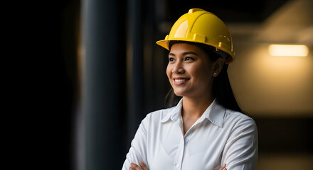 A confident female engineer in a yellow hard hat stands with her arms crossed, looking towards the future with determination and professionalism now.