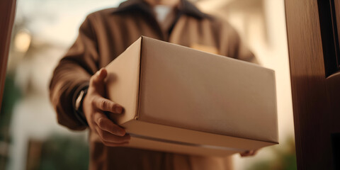 A delivery person hands over a package at the door, symbolizing convenience and modern service in the e-commerce era.