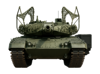 Main battle tank with rear auxiliary power unit and camouflage netting mounts.