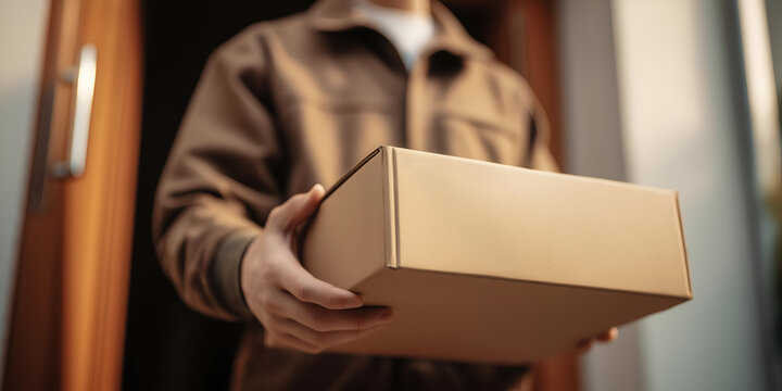 A delivery person hands over a brown package at the doorstep, symbolizing the convenience of online shopping and prompt service.