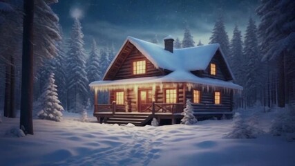 A warm and inviting log cabin glows peacefully in a serene, snow-covered forest landscape during a calm winter evening - Powered by Adobe