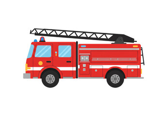 Red Fire Truck With Ladder and Lights isolated on white and transparent background