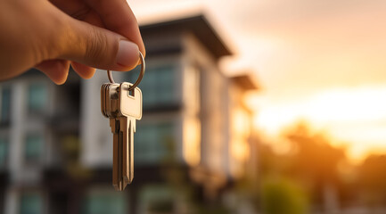 A close-up of a hand holding keys in front of a modern building during sunset, symbolizing new beginnings and real estate.