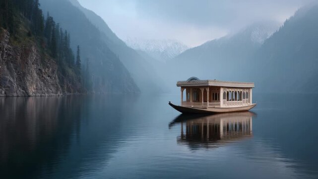 Houseboat on Still Lake Surrounded by Mountains on a Foggy Day