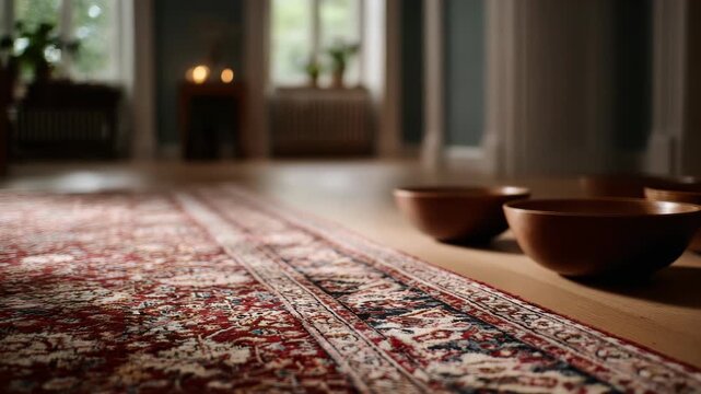 Singing Bowls on Rug in Room: Meditative Sound Healing Session