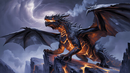 Fiery Obsidian Dragon on Stormy Rocks Evoking Power for Chinese New Year Fantasy dragon