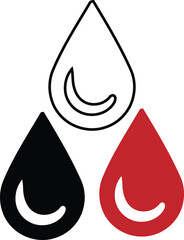 Three Water Droplet Icons Outline Solid Black and Red , water, drop, droplet, liquid, fluid, icon, symbol,