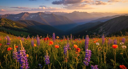 Vibrant Wildflower Meadow at Sunset with Majestic Mountain Range