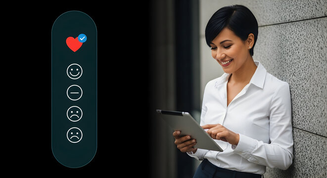 A smiling businesswoman interacts with a digital tablet, showcasing modern technology and positive feedback mechanisms in a professional setting. - Powered by Adobe