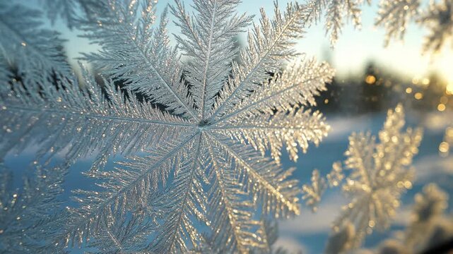 Macro view of intricate frost patterns forming on a car windshield in winter.