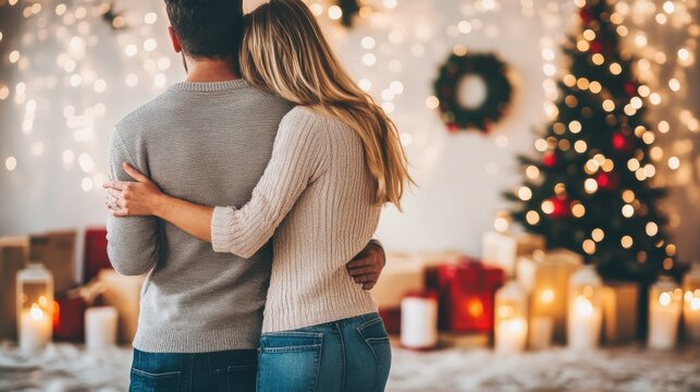 Romantic couple embracing in a cozy Christmas setting with warm festive lights and holiday decor.