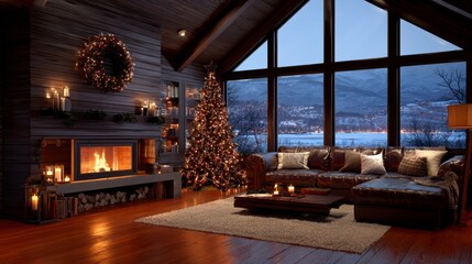 Cozy living room in the mountains with wooden walls, a fireplace, and Christmas tree decorated with lights. Large window views a snow-covered landscape, creating a warm holiday atmosphere.