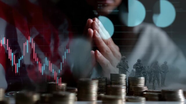 Global uncertainty with stock market, praying hands, and military presence