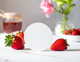 Fresh ripe organic strawberries served with delicious white cream on a plate make a healthy and juicy red fruit dessert