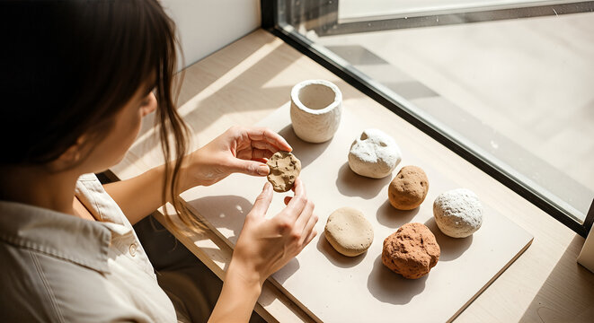 Womans Hands Crafting Clay Pottery in a Bright Studio Setting. - Powered by Adobe