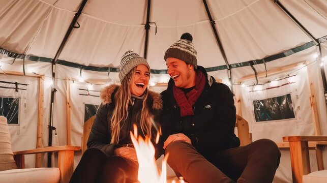 Happy couple enjoying a cozy winter evening by a fire pit in a glamping tent