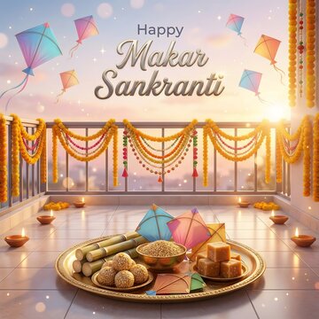 Happy makar sankranti festival celebration with sweets and kites