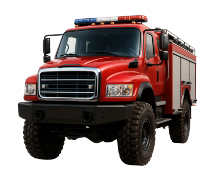 Red off-road fire truck with elevated clearance and sturdy steel bumper.