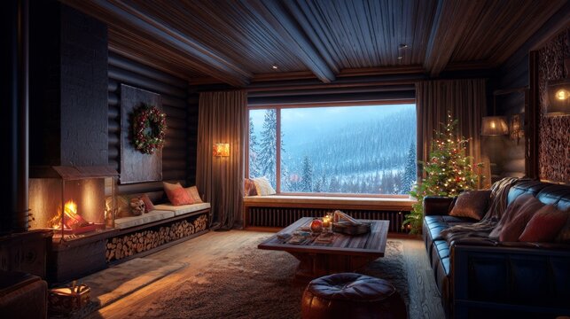 Cozy living room with wooden walls, large windows showing a snow-covered landscape, leather sofas, a fireplace with a gentle flame, and a Christmas tree decorated with lights.