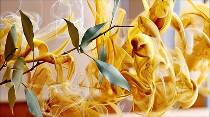 A delicate eucalyptus branch with green leaves is positioned against a backdrop of swirling golden and white smoke, illuminated by soft, warm light.