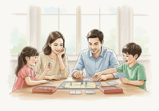 A family plays a board game together at a table indoors