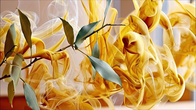 A delicate eucalyptus branch with green leaves is positioned against a backdrop of swirling golden and white smoke, illuminated by soft, warm light.