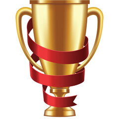 Golden Champion Trophy with Red Ribbon Detailed Metallic Shine Symbol of Victory and Achievement Isolated on Transparent Background High Quality Realistic Rendering