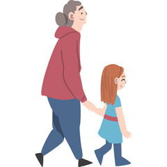 Elderly Woman in Red Hoodie and Jeans Holding Hands with Young Girl in Blue Dress Walking Together with Happy Expressions on Transparent Background