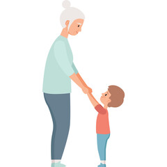 Fototapeta premium Elderly Woman Holding Hands With A Young Boy Standing Together Against A White Background Showing A Loving Family Connection In A Pixelated Art Style