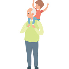 Elderly Man Carries Joyful Young Boy on Shoulders with Arms Raised in Celebration Family Togetherness Outdoor Scene