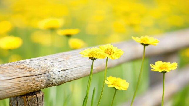 Bright yellow flowers blooming beside a rustic wooden fence in a sunny spring meadow - Powered by Adobe