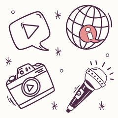 Creative Content Creation Doodle Concept with Camera Microphone Globe and Play