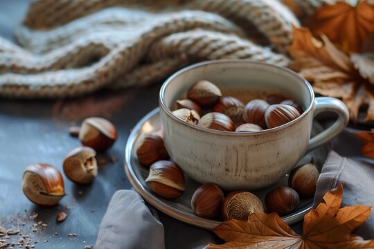 Bowl of roasted chestnuts served with hot coffee mug, cozy autumn morning vibe.