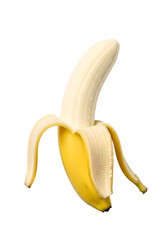 Peeled banana PNG with transparent background, ripe tropical fruit cutout for healthy food design, nutrition graphics, fresh snack elements, and clean minimal creative projects