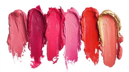 Strokes of various lip color shades on a white backdrop, showing texture
