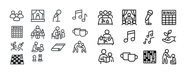 Icons of people engaging in activities: music, bingo, chess, coffee, family, and gardening
