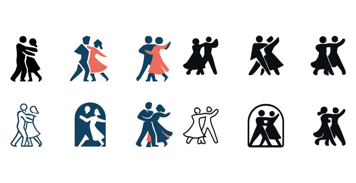 Silhouette icons of diverse couples dancing in various styles