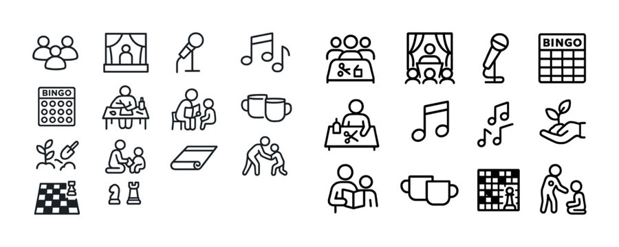 Icons of people engaging in activities: music, bingo, chess, coffee, family, and gardening